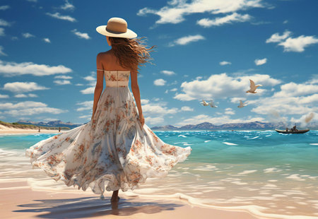 A woman in a flowing floral dress stands on a sandy beach, gazing out at the serene ocean under a bright summer sky.の写真素材