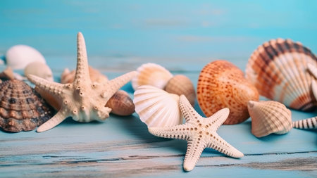 A delightful collection of seashells and starfish arranged on a turquoise wooden surface. Evokes...