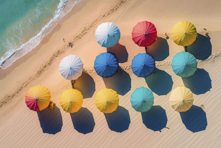A stunning aerial shot of colorful umbrellas lining a sandy beach, next to a turquoise ocean. Summer vibes!の写真素材