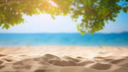 Relaxing beach scene with golden sand, turquoise ocean, and lush green foliage.の写真素材