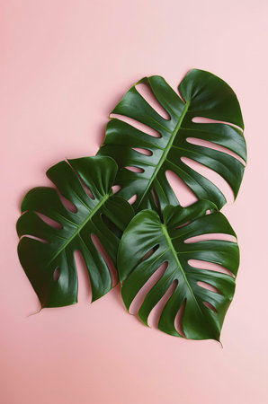 Three vibrant green Monstera leaves arranged on a delicate pink backdrop. A summery and stylish image.の写真素材