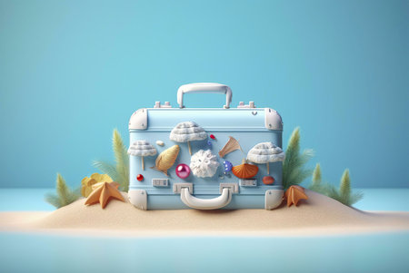 A light blue suitcase adorned with beach trinkets sits on a sandy beach against a serene blue backdrop. It evokes feelings of summer vacation and travel.の写真素材