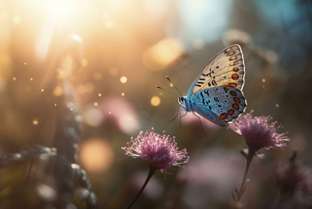 A stunning butterfly rests on a flower in a sunlit meadow. The scene radiates tranquility.
