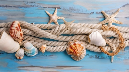 A beautiful arrangement of seashells, starfish and rope on a rustic wooden surface. Summer vibes!の写真素材