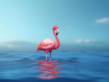 A single pink flamingo stands gracefully in the calm ocean, its reflection mirroring the serene beauty of the tropical scene.の写真素材