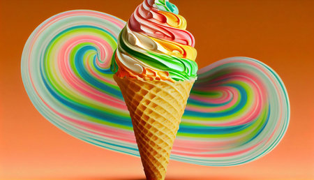 A vibrant rainbow ice cream cone against a swirling background. Sweet and delicious summer treat