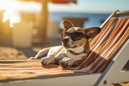 A cute dog wearing sunglasses relaxes on a beach lounger enjoying the summer sun.の写真素材