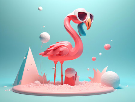 A pink flamingo wearing sunglasses stands in a dreamy tropical setting. 3D rendering.の写真素材