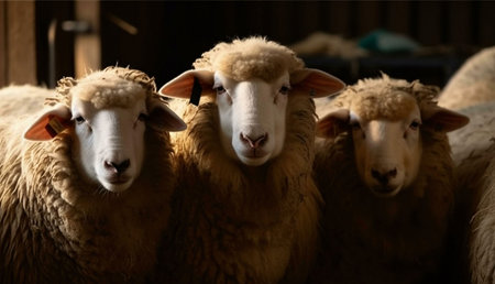 A captivating close-up photograph of three sheep, their calm demeanor conveying a sense of serenity....
