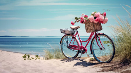 A pink bicycle with a basket of pink flowers sits on a sandy beach by the ocean on a beautiful summer day.の写真素材
