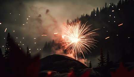 Stunning fireworks illuminating a dark mountain landscape at night. A spectacular pyrotechnic...