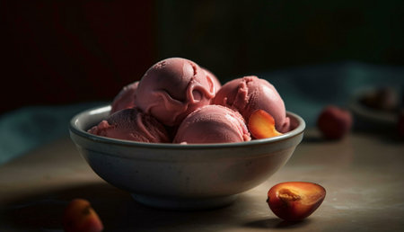 A bowl of pink plum ice cream, ready to be enjoyed. The ice cream is beautifully presented in a simple bowl, and is accompanied by fresh plums.の写真素材