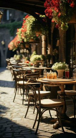 A charming European cafe scene, bathed in sunlight. Tables and chairs are arranged along a cobblestone street.の写真素材