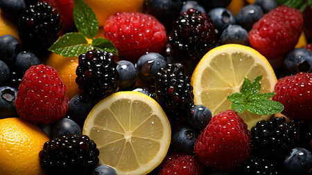 Close-up shot of assorted fresh berries and lemon slices. A vibrant and delicious summer scene.