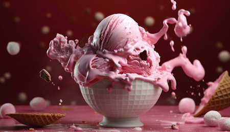 A vibrant image of strawberry ice cream exploding from a bowl, surrounded by marshmallows and...