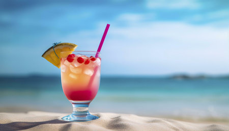 A vibrant cocktail sits on a sandy beach, with a turquoise ocean in the background. Perfect summer...