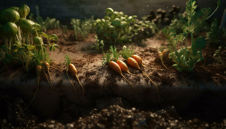 Tiny carrots and lush greens thrive in a miniature garden bathed in soft light. A scene of growth...