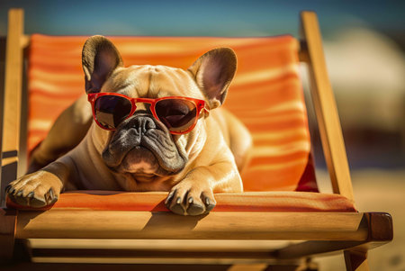 A French Bulldog wearing sunglasses, lounging on a beach chair on a sunny summer day.