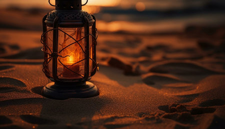 A lit lantern sits on a sandy beach at sunset. The warm light contrasts beautifully with the cool tones of the twilight sky.の写真素材