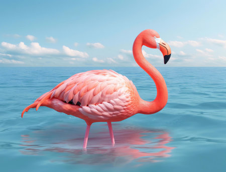 A vibrant pink flamingo stands gracefully in a tranquil ocean, under a clear blue sky. Peaceful and beautiful.