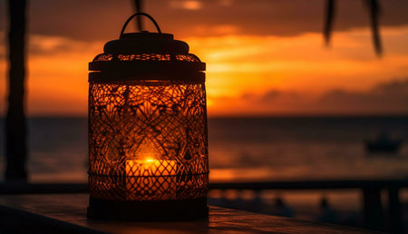 A beautifully lit lantern rests near the ocean during a breathtaking sunset. The warm colors of the...