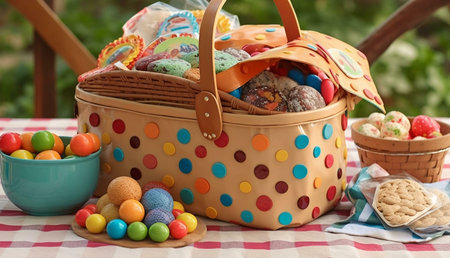 A tan polka-dotted picnic basket overflowing with an assortment of candies, cookies, and other sweet...