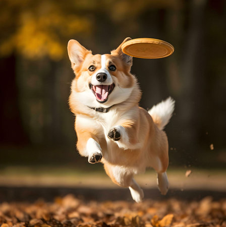 A happy corgi dog leaps joyfully to catch a frisbee in a park during autumn.の写真素材