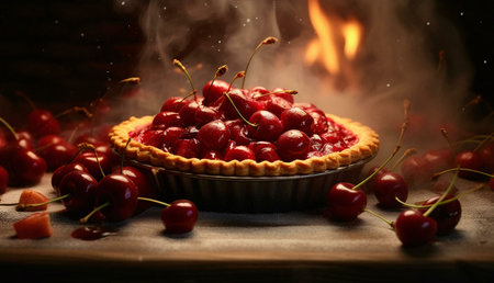 A freshly baked cherry pie, steaming hot, surrounded by juicy cherries. Rustic and warm lighting...