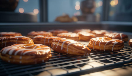 Warm, golden pastries with a sweet glaze, freshly baked and arranged on a cooling rack. A tempting...