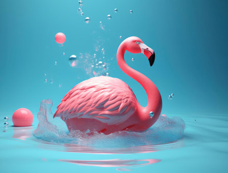 A pink flamingo floats serenely in aqua water, surrounded by bubbles. Summer vibes!の写真素材