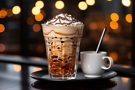 A tempting image of an iced coffee drink topped with whipped cream and chocolate. The warm lighting creates a cozy atmosphere.の写真素材