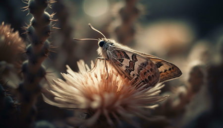 A delicate butterfly rests on a thistle flower during sunset, capturing a moment of serene beauty in nature.の写真素材