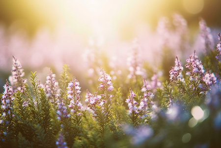 Lavender flowers bathed in the golden light of sunset. Peaceful meadow scene.の写真素材