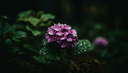 A single purple hydrangea in full bloom, surrounded by dark green foliage. The image evokes a sense of tranquility and mystery.の写真素材