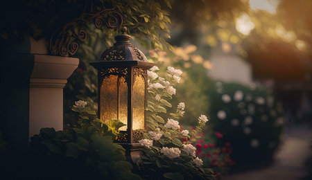 A lit lantern glows amidst white roses in a garden at sunset. The warm light creates a serene and peaceful atmosphere.の写真素材