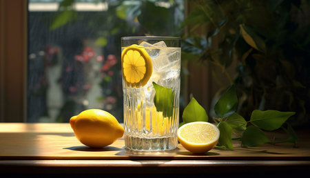 A tall glass of iced lemon water sits on a wooden table by a sunlit window.