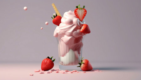 A mouthwatering strawberry sundae, creamy and pink, in a glass. Sweet treat, perfect summer dessert.の写真素材