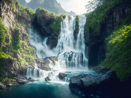 A breathtaking waterfall plunges down a verdant mountainside, creating a serene and powerful scene.の写真素材