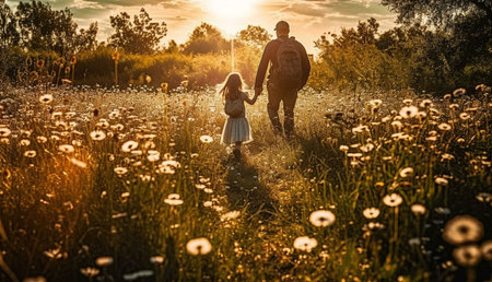 A father and his daughter hand-in-hand walking through a sunlit field of flowers. Golden hour light creates a serene atmosphere.の写真素材