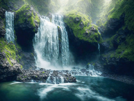 Majestic waterfall cascading down mossy cliffs, creating a breathtaking, tranquil scene. Explore the beauty of nature.の写真素材