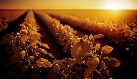 A stunning sunset casts a golden glow over neatly arranged rows of crops in a vast agricultural...