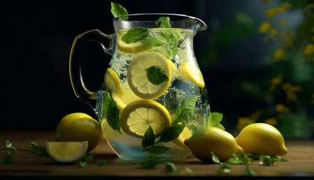 A glass pitcher filled with homemade lemonade, lemons, and basil leaves. Refreshing summer drink.の写真素材