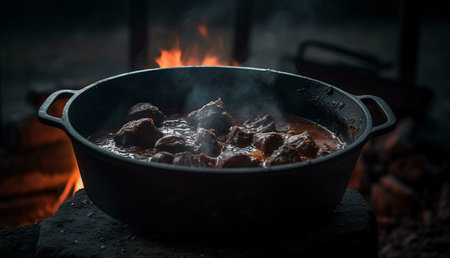 A hearty beef stew simmering over an open fire in a cast iron pot. Warm, inviting, and perfect for a...