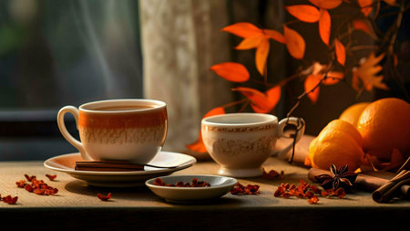 Two cups of steaming tea, autumn leaves, oranges, and spices create a cozy autumn scene.の写真素材