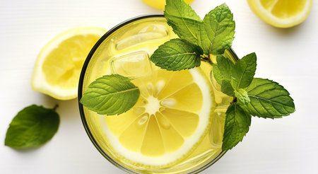 A glass of homemade lemonade garnished with fresh mint and lemon slices. The vibrant colors and refreshing look makes it perfect for a summer day.の写真素材
