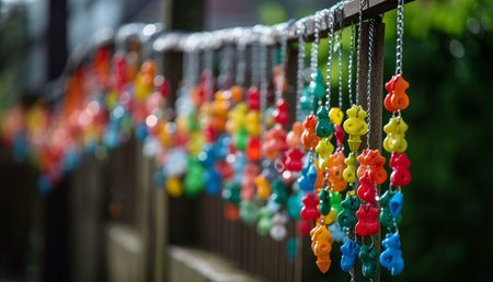 A close-up shot of numerous colorful charms hanging from a fence, creating a vibrant and decorative display.の写真素材