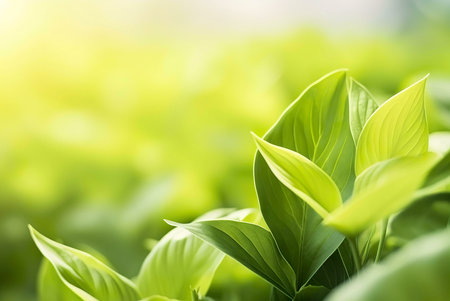 Close-up of vibrant green leaves bathed in sunlight. Peaceful and serene natural scene.の写真素材
