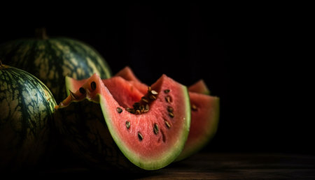 Close-up of juicy watermelon slices, resting on a dark surface. Two whole watermelons are in the background.の写真素材