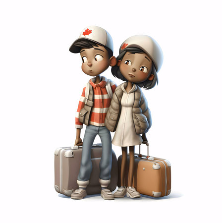 Two cute cartoon children, a boy and a girl, stand together with their suitcases, ready for a...