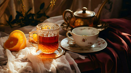 A captivating image showing a teacup, teapot, and oranges. It evokes a sense of tranquility and elegance.の写真素材